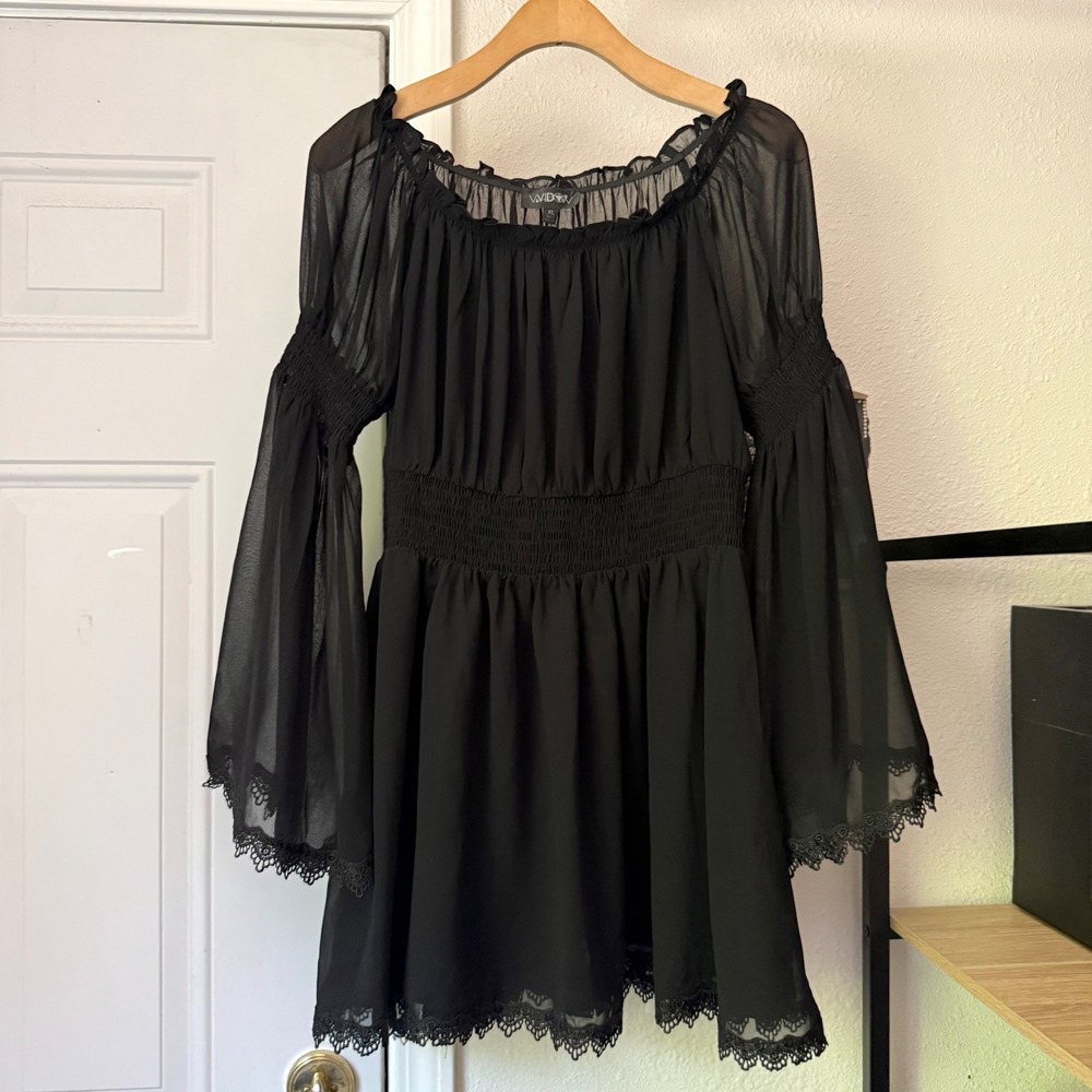 WIDOW black sheer long bell peasant goth lace off shoulder smocked mini dress